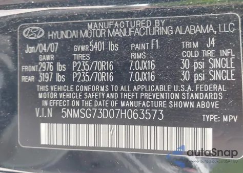 2007 Hyundai Santa Fe Gls из США, поврежденный, VIN 5NMSG73D07H063573